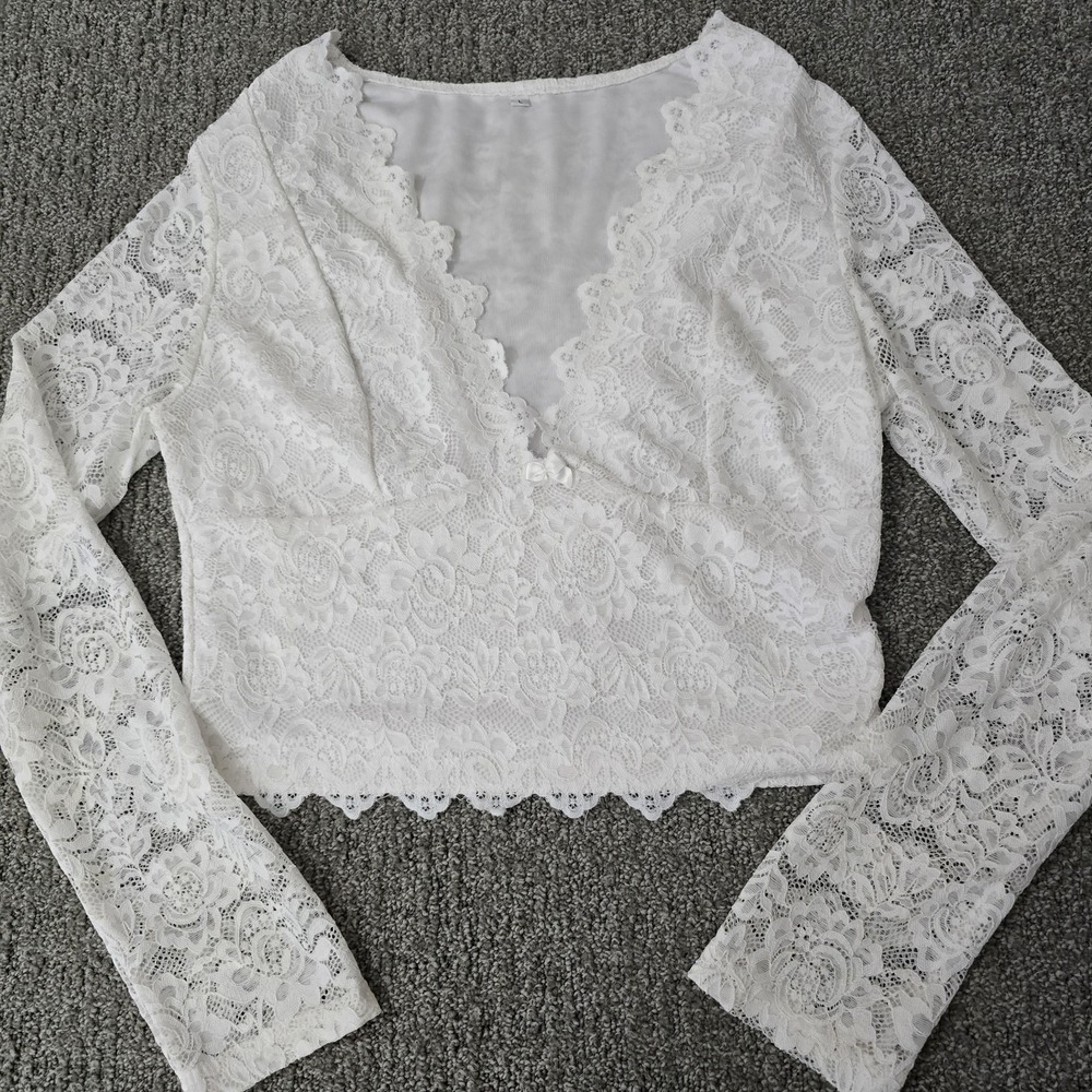 Womens Lace Crop‎ Top White Sheer Long Sleeve V Neck Coquette Boho M